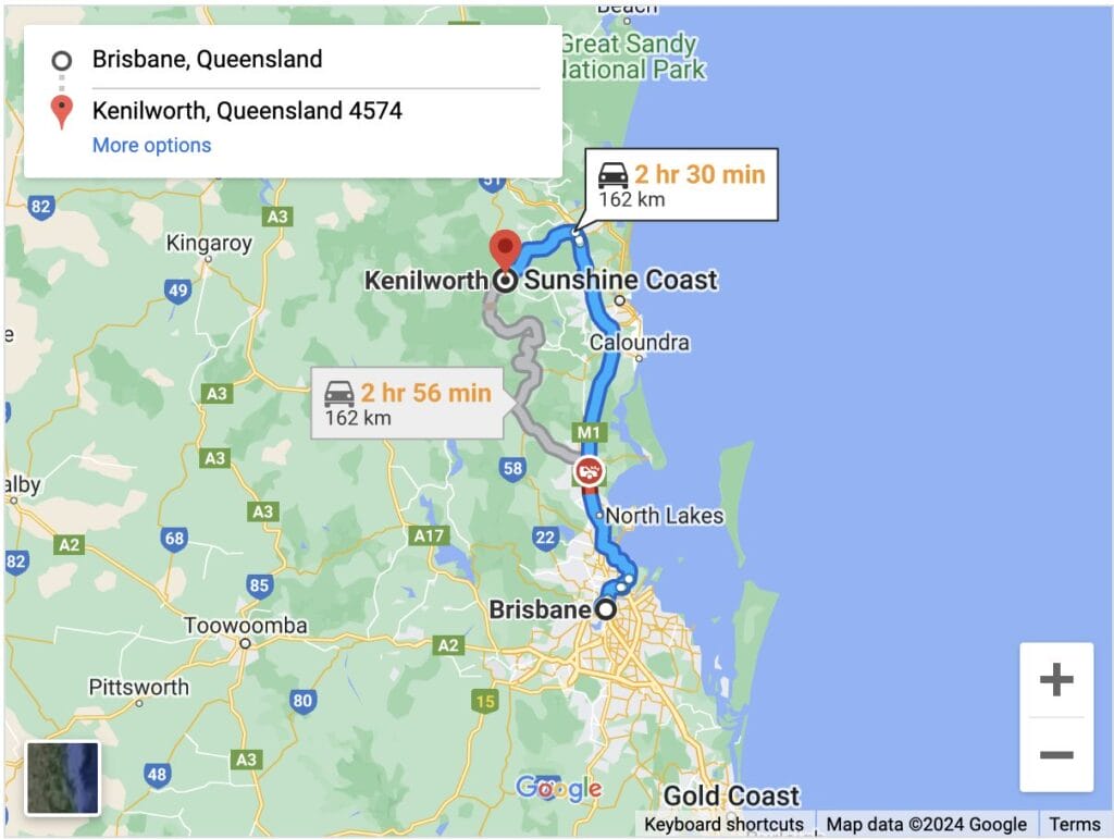 Brisbane to kenilworth map